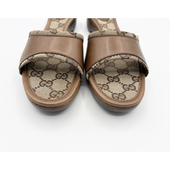 Gucci Leather & Canvas Brown Monogram Sandals w/ Wooden Sole Mule Y2K Sz EU 36.5 - Picture 3 of 13